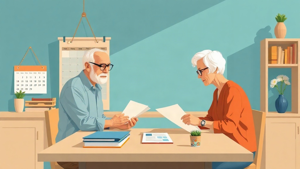 Casal de idosos revisando documentos da aposentadoria