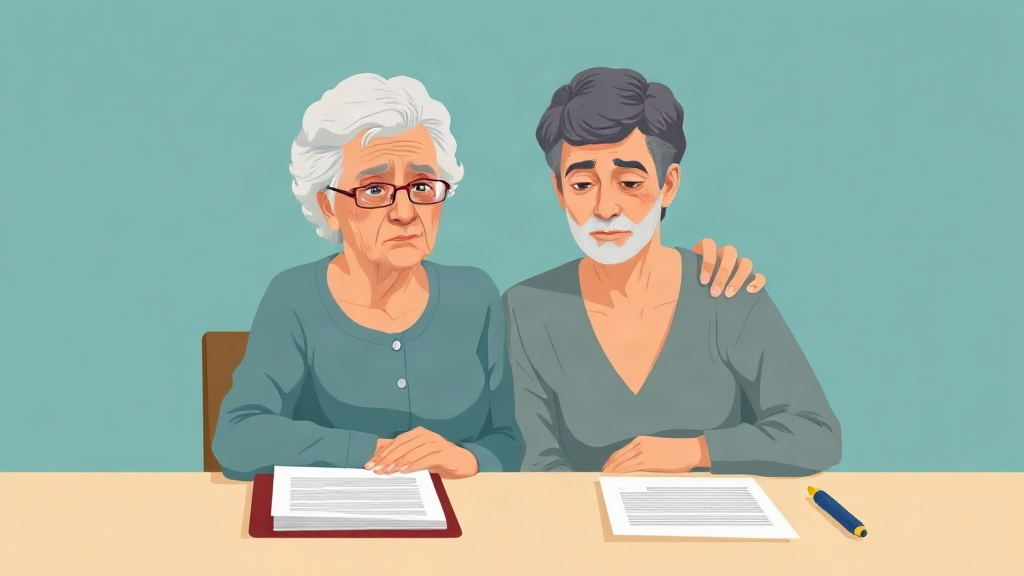 Aposentada revisando documentos com o apoio de um familiar
